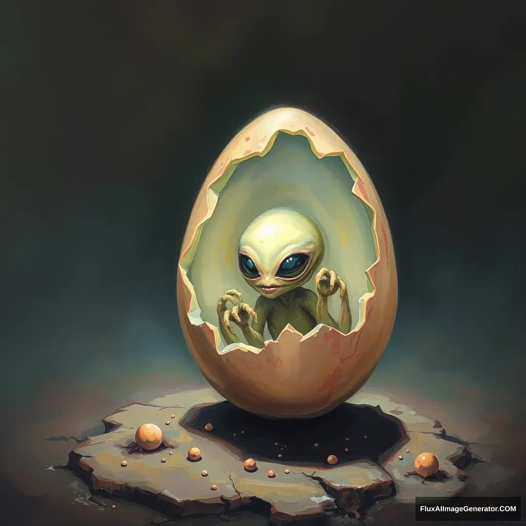 an alien in the egg, artistic oil painting