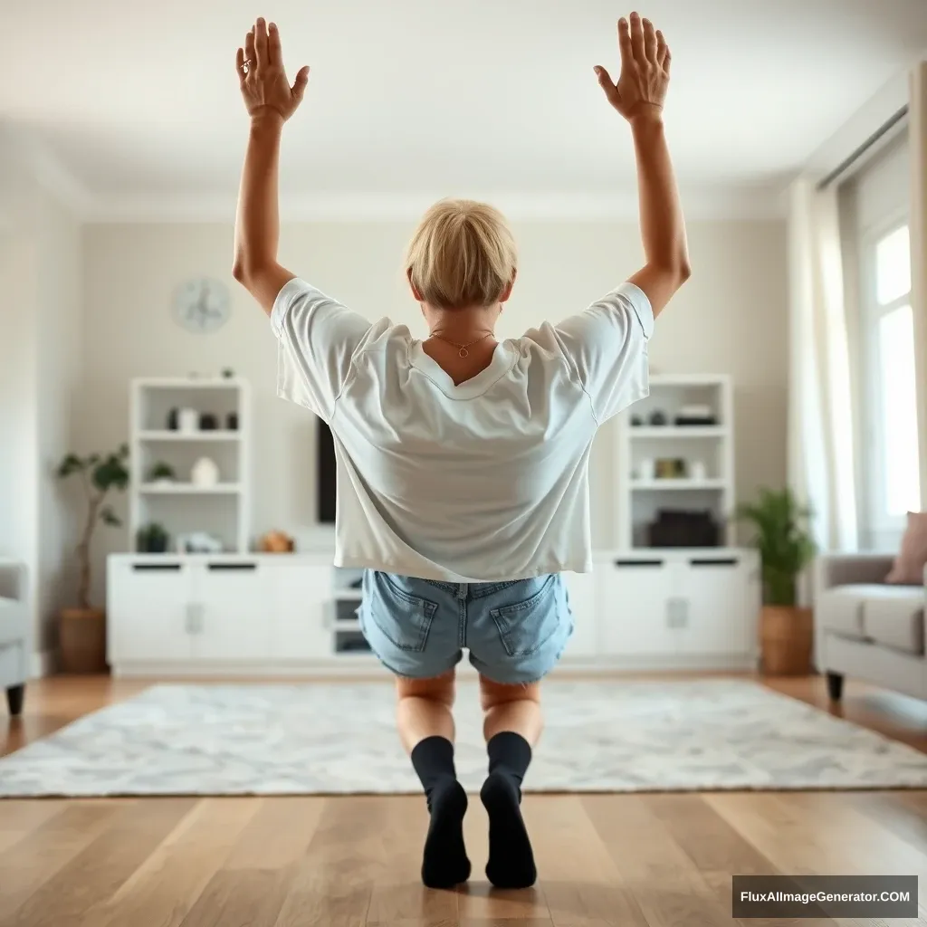 Side view of a blonde skinny woman in her large living room, wearing a massively oversized white t-shirt that hangs a bit off balance on one shoulder, and oversized light blue denim shorts that aren't rolled up. She is wearing ankle-high black socks without shoes. Facing her TV, she dives headfirst with both arms raised beneath her head, looking upwards, while her legs are raised in the air at a -60 degree angle. - Image