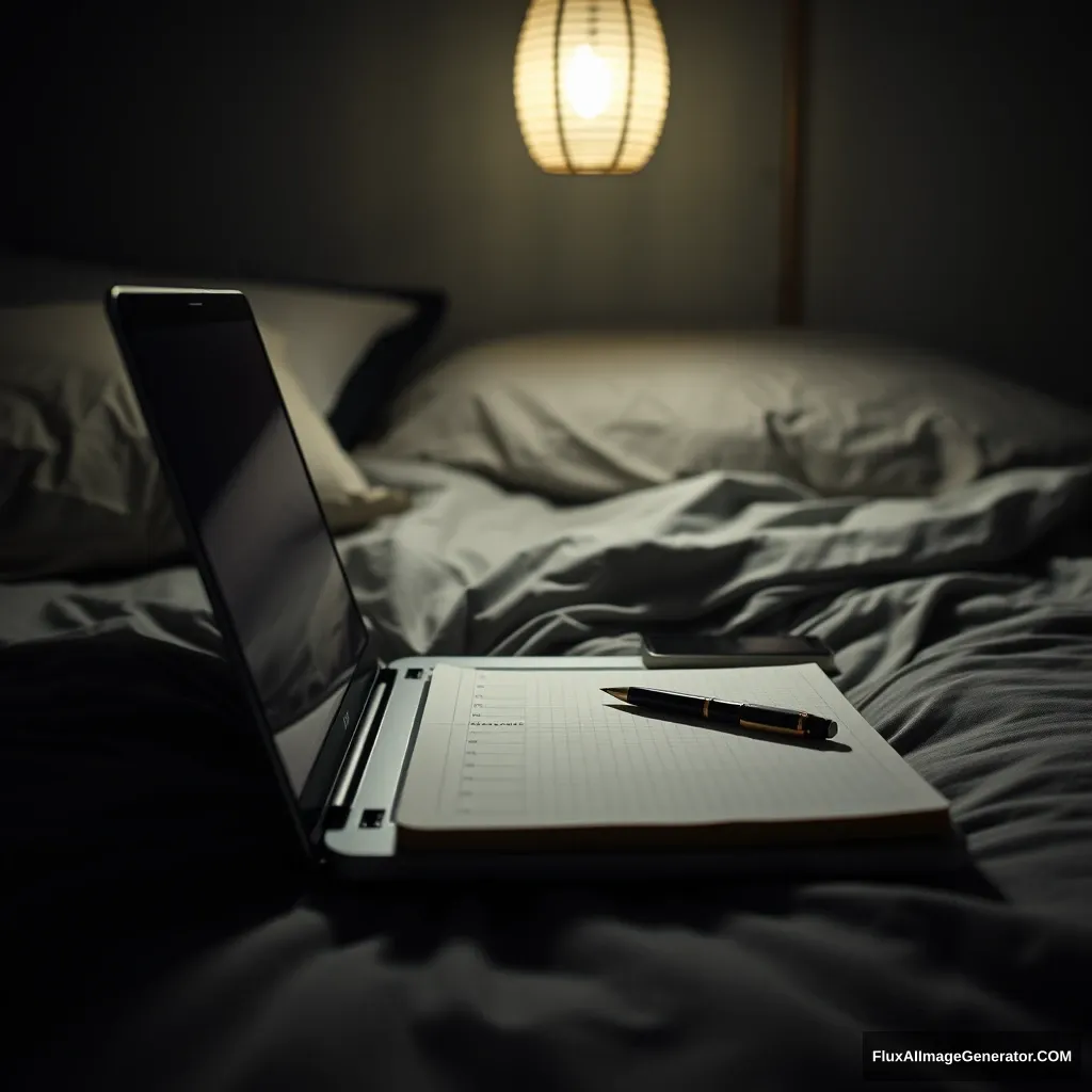 On laptop, notebook, a pen, phone, on bed, hyper realistic, studio photography, lantern light, gloomy.