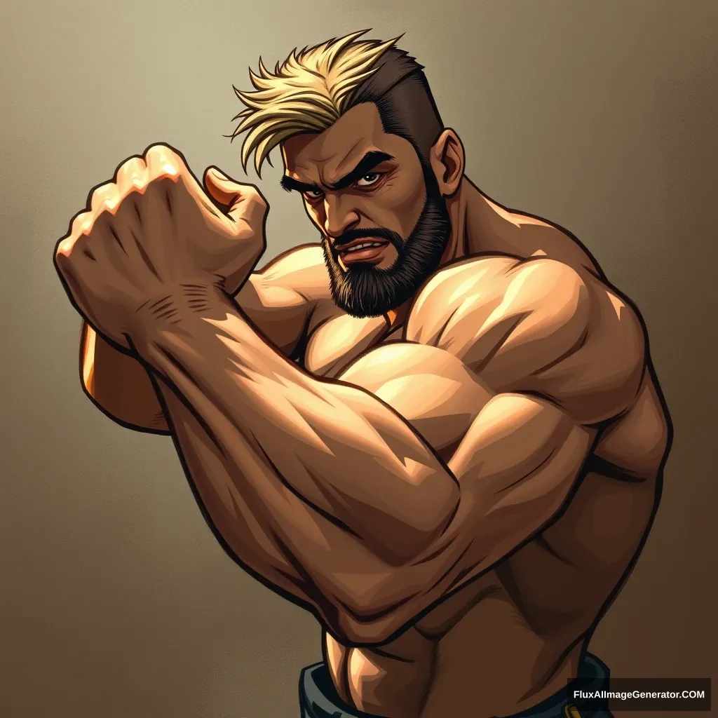 Cel shaded art, a strong man is trying to grab something, portrait.