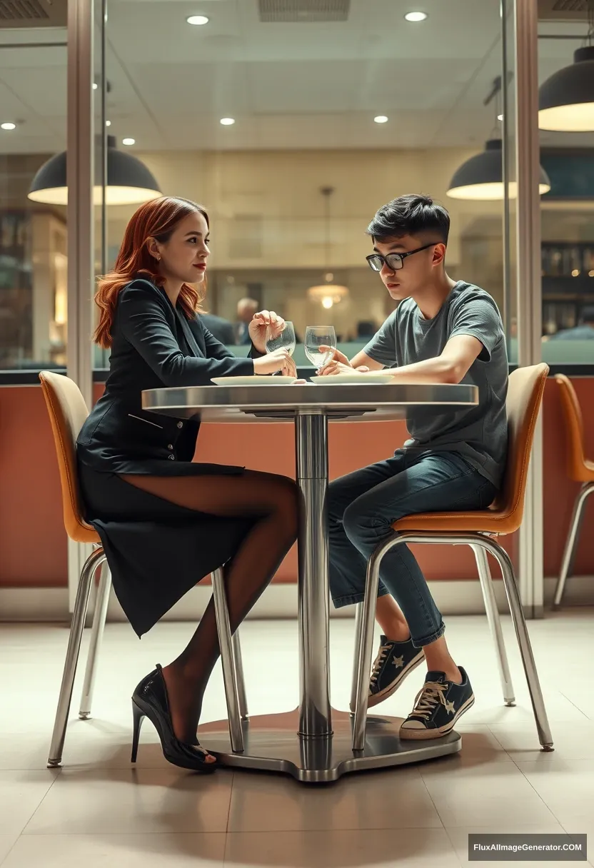 Cinematic Style. A woman and a man are sitting at a table in a restaurant, having lunch. The woman is in her mid-30s, has red hair, her mouth closed, wearing business attire, a tight skirt with a lateral slit, black pantyhose, and open-toe high heels. She looks at the man with superiority. The man is a 20-year-old shy skinny man, wearing glasses, jeans, a T-shirt, and tennis shoes. Shot from the side, from a distance of at least 5 meters, so all their figures are shown. The woman is looking at the man. The table has one leg in the middle, metallic. The woman and the man are sitting on opposite sides, facing each other. The man is looking down at the table. The woman is looking at the man. | Cinematic | worm eye view. - Image