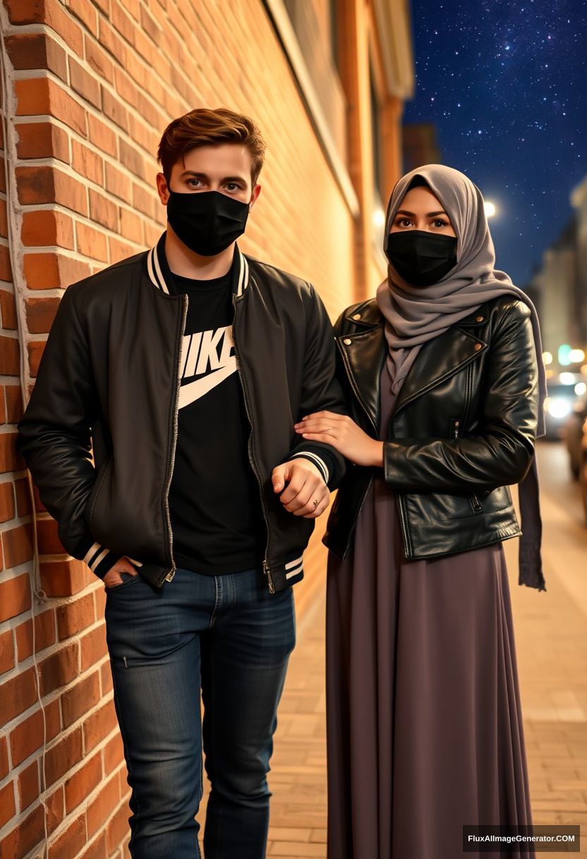 Jamie Dornan, youngest, black face mask, collage jacket, Nike t-shirt, jeans, tall man, fit body,

Dating, love with the biggest grey hijab Muslim girl, beautiful eyes, black face mask, leather jacket, biggest longest skirt, slim short girl, holding his arm

standing at a brick wall, in town, night scenery, Milky Way, hyper realistic, photorealistic, street photography. - Image