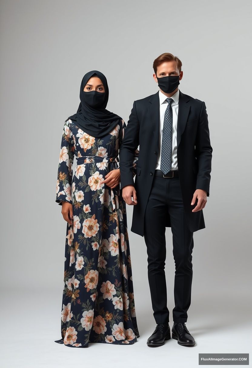 A biggest black hijab girl, beautiful eyes, face mask black, biggest floral longest dress, standing hold his arm

Jamie Dornan, youngest, black suit coat, white shirt, grey pattern tie, black leather sneaker, tall man, face mask black, fit tough body, standing near her,

hyper realistic, studio photography.