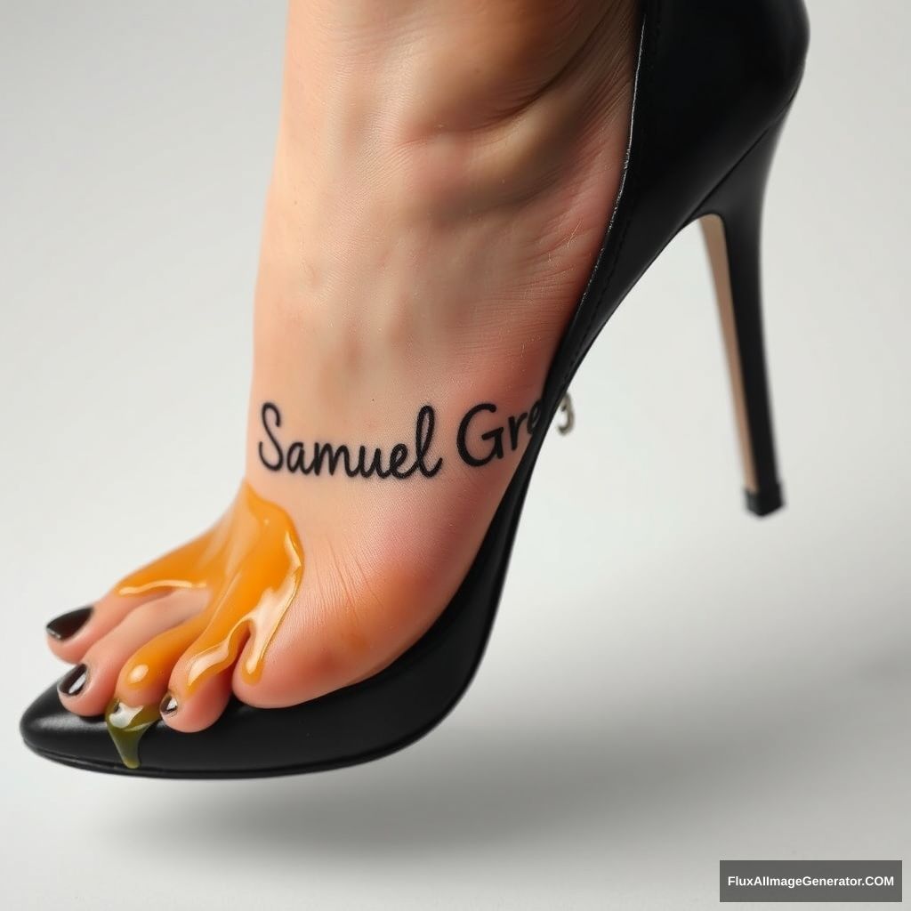 The name "Samuel Greg" on a woman's foot in a black high heel. There is oil all over the foot.