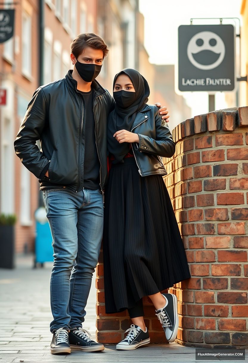 Jamie Dornan, handsome, young, wearing a black face mask, a collage jacket, and jeans, is dating the most beautiful Muslim girl in a black hijab with gorgeous eyes, also wearing a black face mask, a black leather jacket, and sneakers. She is standing with the biggest skirt, leaning against a brick wall in town during the morning scenery. This is a photorealistic street photography scene. - Image