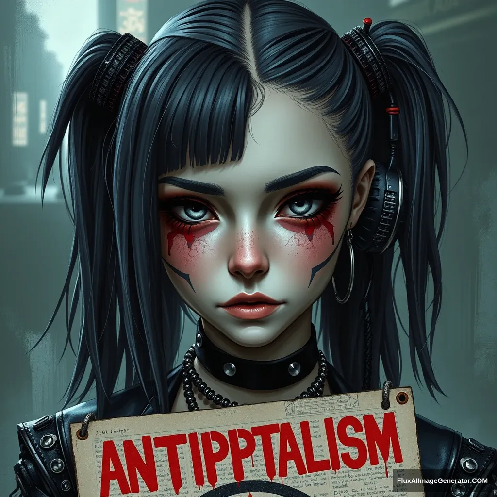 Cybergoth girl with poster 'Anticapitalism'