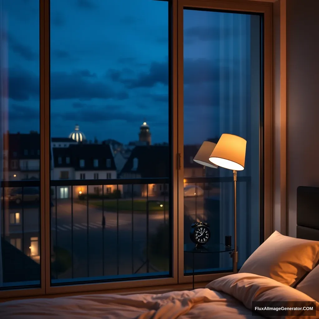 Glass window, bedroom modern apartment in France, a study lamp lighting, night scenery, 2:00 AM at a small clock on a small desk behind the bed, hyper-realistic, photorealistic. - Image