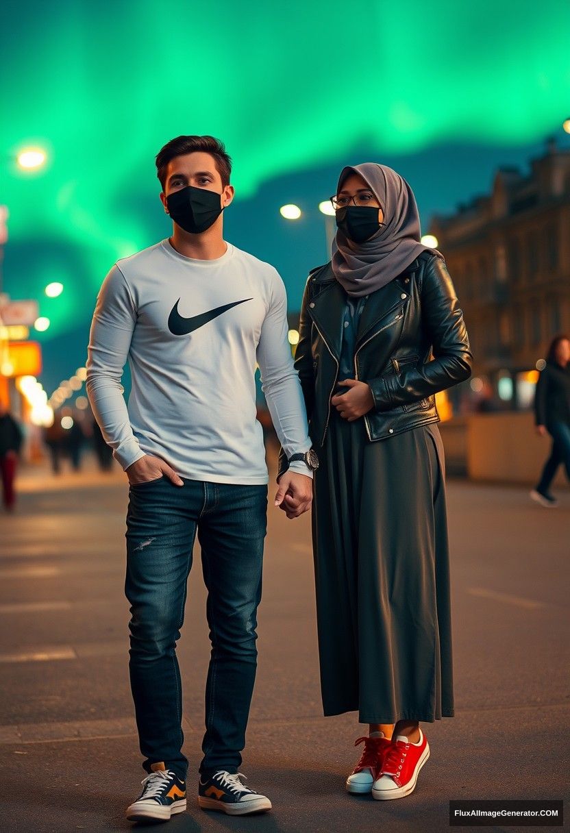 Jamie Dornan, handsome, black face mask, long sleeve white Nike t-shirt, jeans, sneakers, dating romantically with a grey hijab-wearing Muslim girl with beautiful eyes, black face mask, leather jacket, a very long and large skirt, not a tall girl, red sneakers, holding hands, in town, black glasses, photorealistic, street photography, full photography, selfie photos, night scenery, aurora.