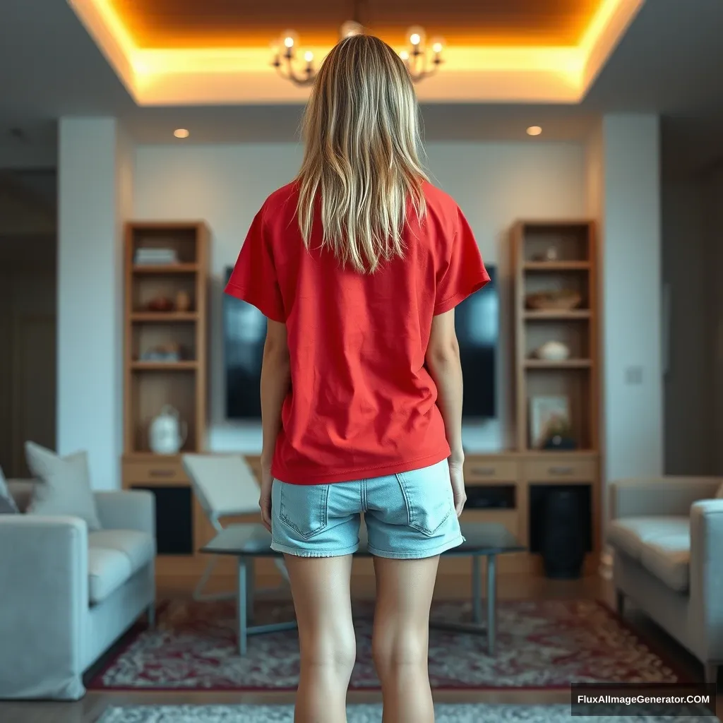 Back view of a young blonde skinny woman who is in her early twenties is in her massive living room wearing a massively oversized red polo t-shirt which is a bit off balance on one of the shoulders and the bottom part of her t-shirt is tucked in and she is also wearing light blue denim shorts and she is wearing no shoes or socks, she faces her TV and stands there with both arms straight down. - Image