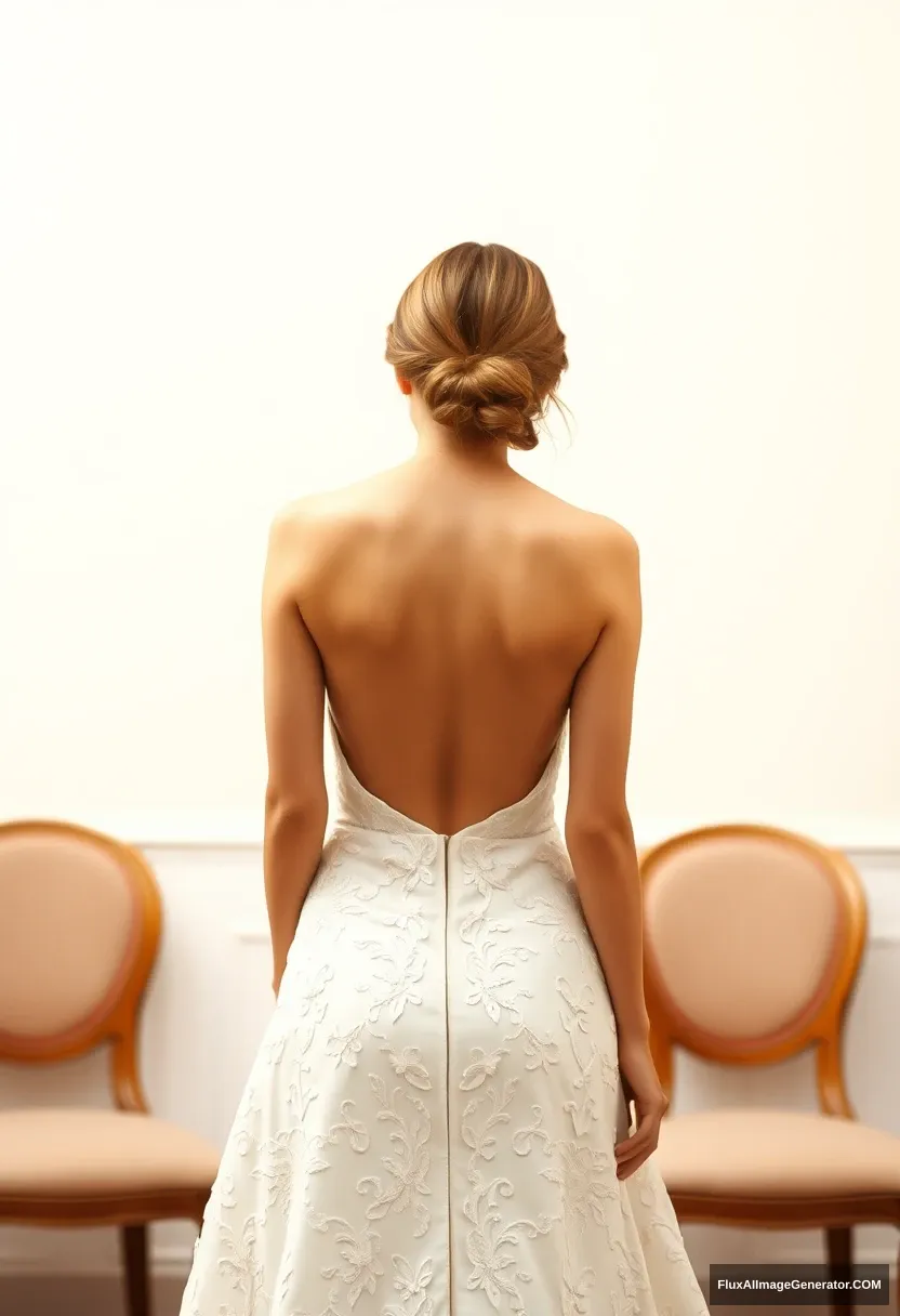 a short young woman, sensitive, delicate, ashamed, backless strapless side-less low-waisted contouring wedding dress, in front of patriarchy, expectations