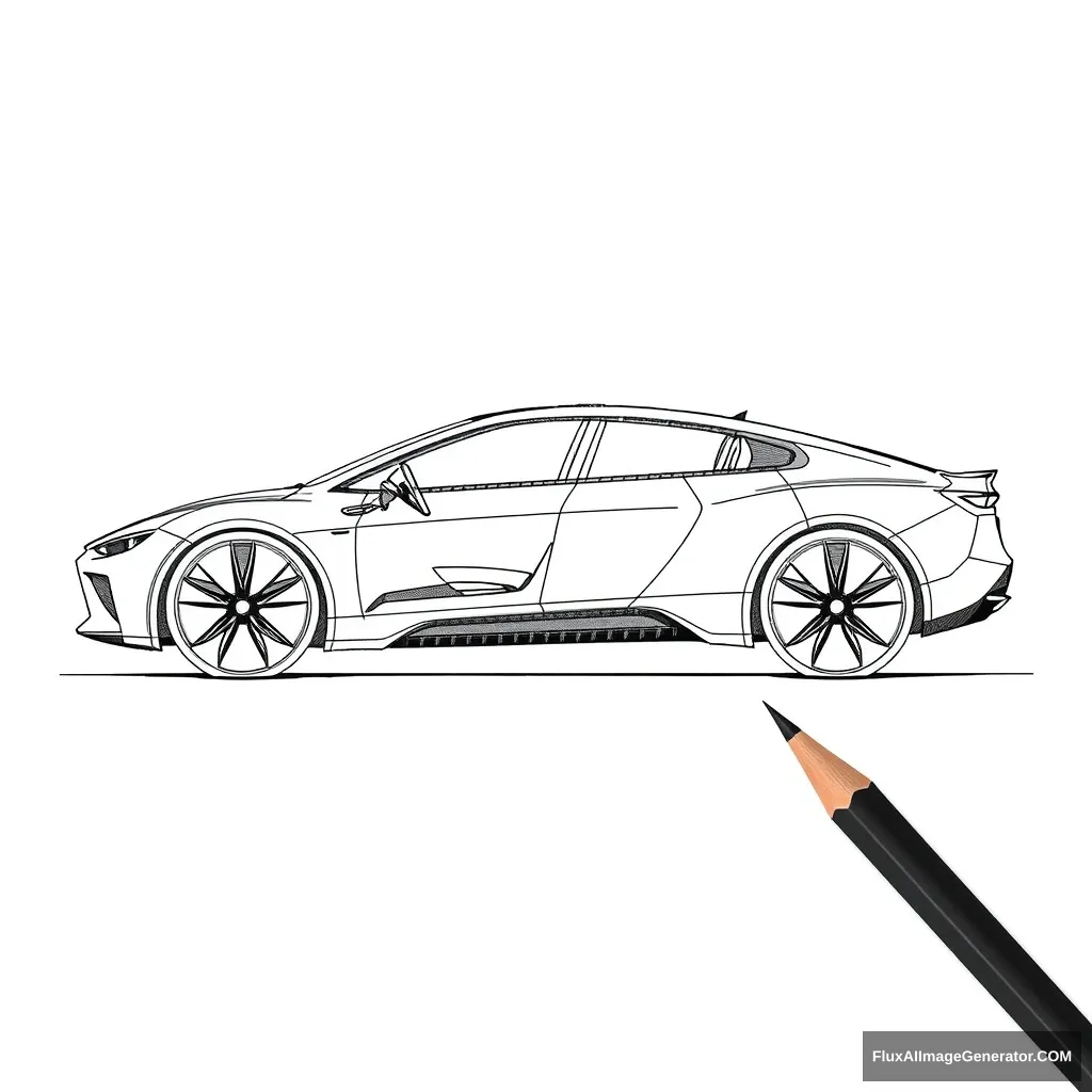 Create a black and white sketch with a pencil of a 4-seat car for patent design with exterior and interior views. - Image