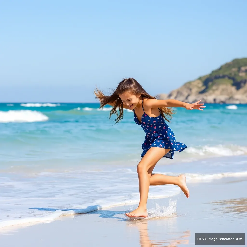 A beautiful girl playing on the beach.