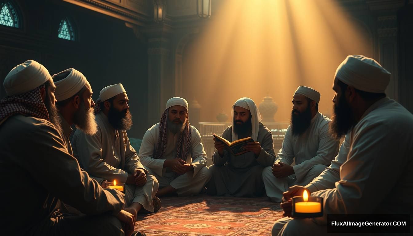 A reflective scene showing a group of Muslims contemplating and discussing the story of Tamim ad-Dari and Dajjal, set in a peaceful, scholarly environment. Ultra HD, realistic, contemplative, with warm and cinematic lighting.