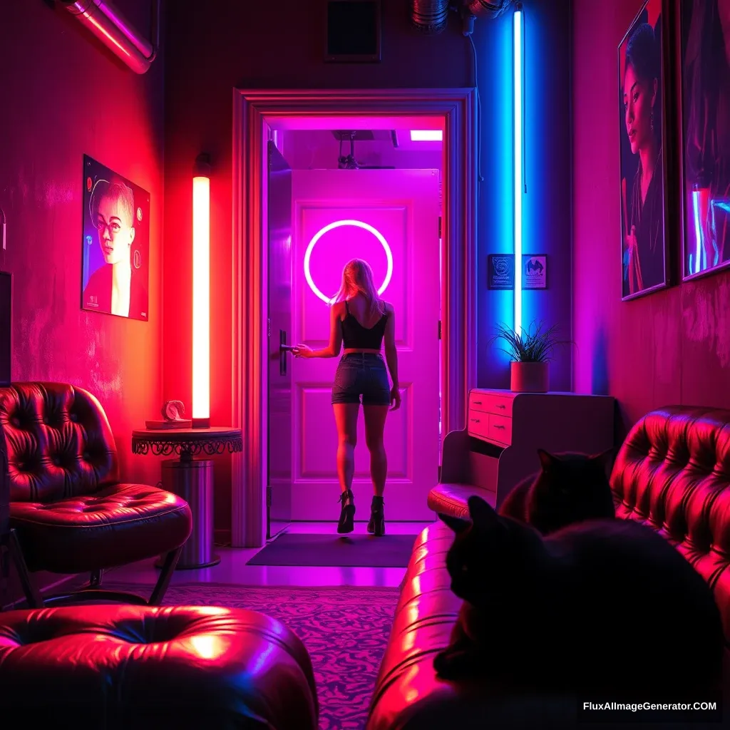 A woman steps through a glowing door into a dimly lit cyberpunk room, vibrant neon hues reflecting off metallic surfaces, while a sleek black cat dozes peacefully on eclectic furniture.