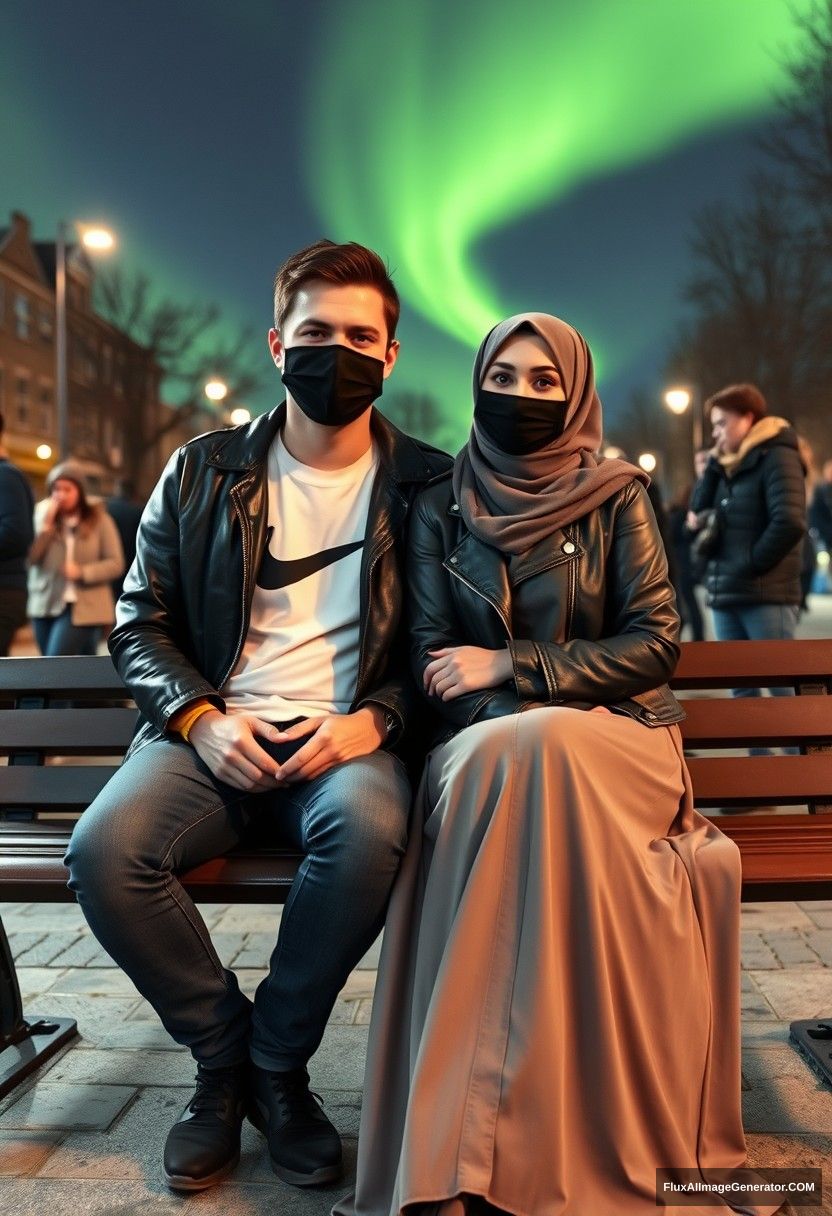 Jamie Dornan, tall and young, wearing a black face mask, a white Nike t-shirt, and jeans, is dating a beautiful Muslim girl in a gray hijab with lovely eyes, also wearing a black face mask and a leather jacket, along with a very long and wide skirt. She is not tall. They are sitting romantically together on a park bench in town, with strangers in the background. The scene is photorealistic, resembling street photography and selfie photos, set against a nighttime backdrop with the Northern Lights. - Image