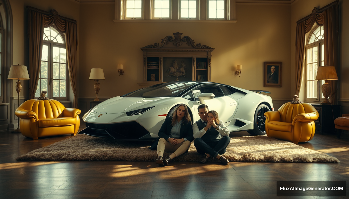 A white car is parked in the living room of an old mansion, with sunlight shining through large windows onto it. The interior decoration features beige walls and yellow furniture. There's also a fluffy carpet under one side of its body. On both sides of the nice car stands a golden pumpkin-shaped sofa. This scene has cinematic lighting effects, creating a warm atmosphere. In front of the sports car sits two people wearing elegant attire, adding some character elements to the entire setting. - Image