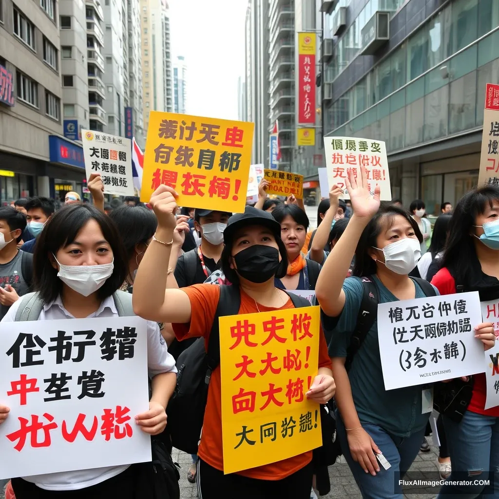 A group of people are demonstrating on the streets of Hong Kong, asking for money. - Image