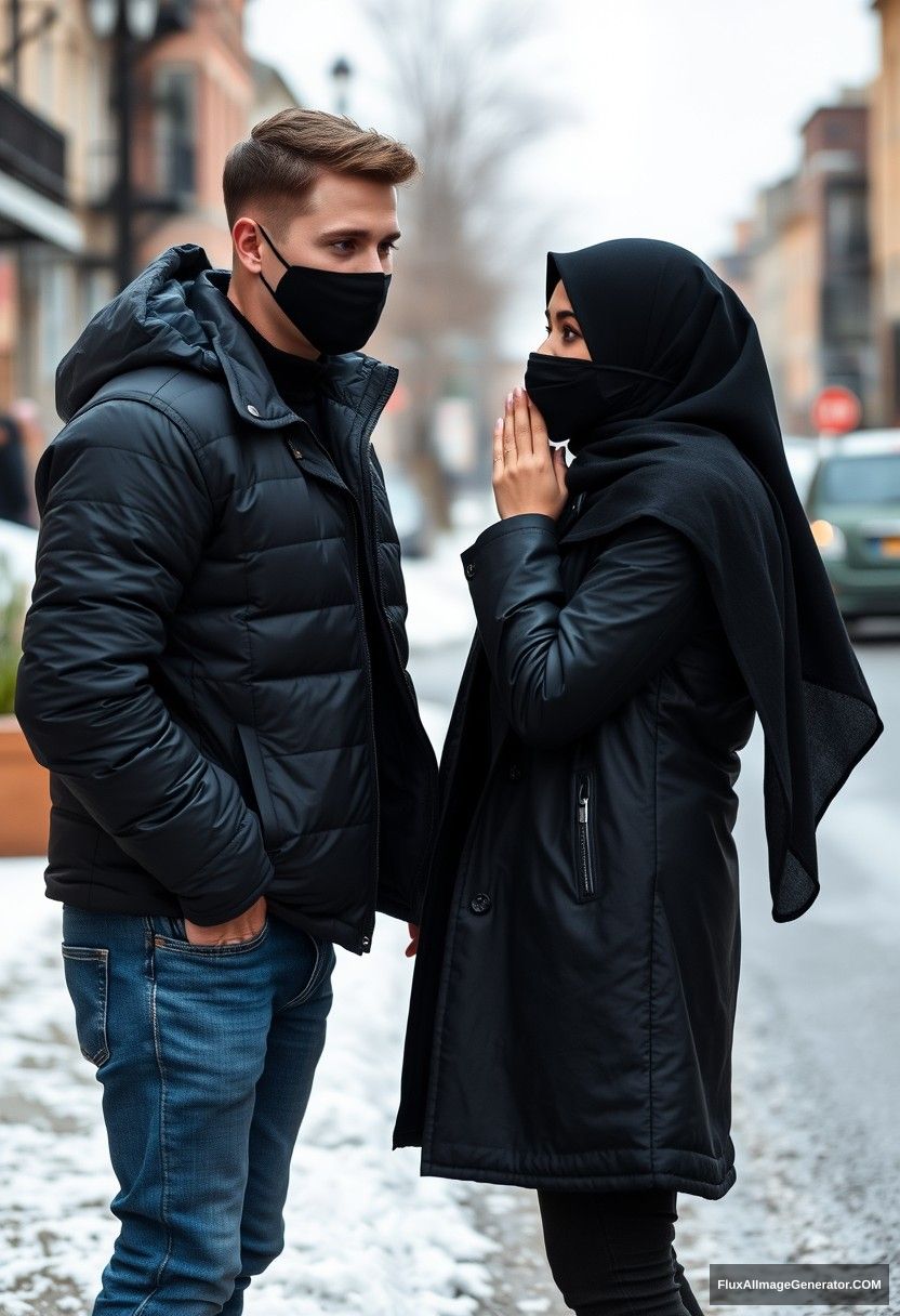 Jamie Dornan, handsome, young, black face mask, snow jacket, jeans, dating a beautiful, romantic Muslim girl in a big black hijab, beautiful eyes, black face mask, black leather jacket, winter scenery, standing together near the road in town, pinching each other's cheeks, photorealistic, street photography.