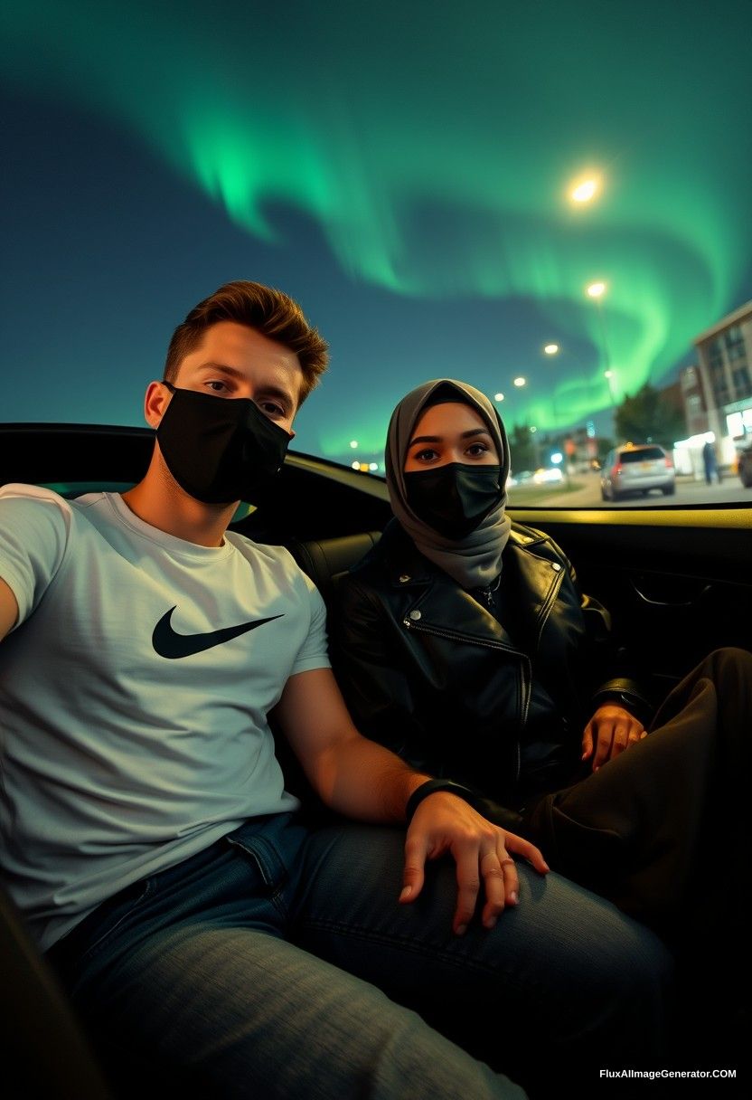 Jamie Dornan, tall and young, wearing a black face mask, white Nike T-shirt, and jeans, dating a beautiful Muslim girl with grey hijab, beautiful eyes, black face mask, and a leather jacket, who is wearing a very long and big skirt and is not tall, sitting in a sports car in town, photorealistic, selfie photos, night scenery, aurora borealis.