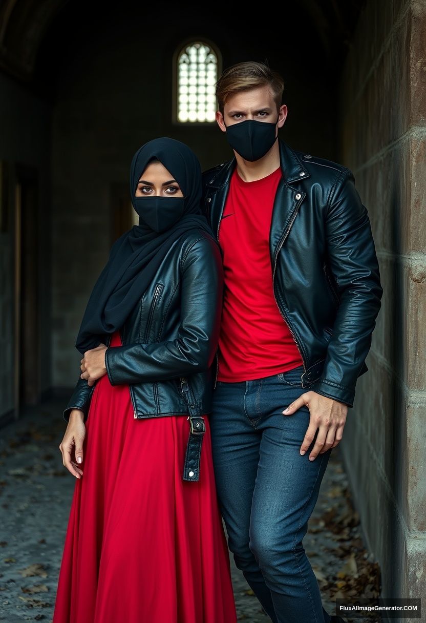 A big black hijab girl, beautiful eyes, black face mask, black leather jacket, the biggest red longest dress, not tall, leaning against him,

Jamie Dornan, handsome, black face mask, fit and tough body, red Nike t-shirt, black leather jacket, jeans, tall man, leaning against the wall.

Hyper-realistic, photorealistic, studio photography, Victoria's abandoned castle, gloomy.