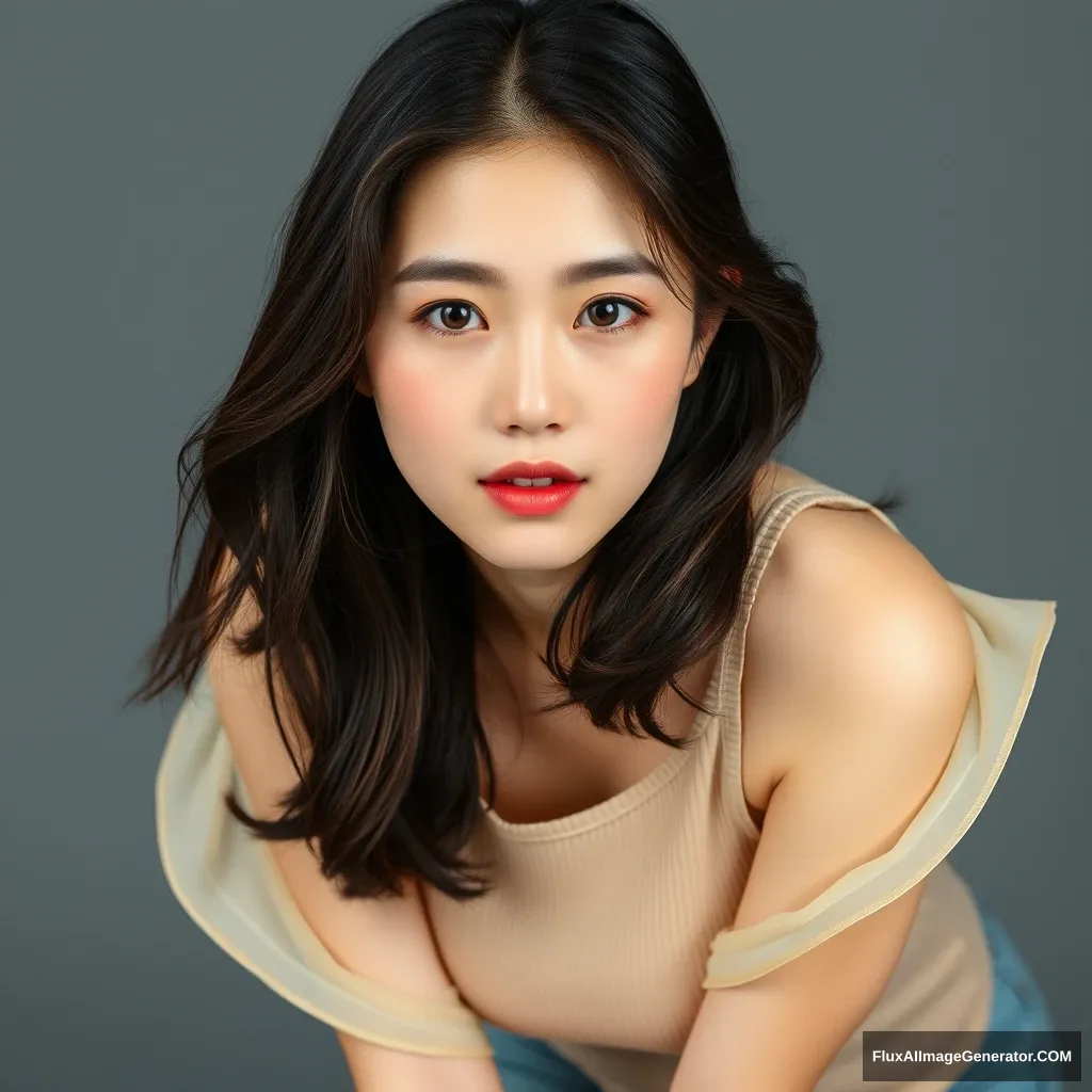 A photo of a pretty young Korean model, in a beige tank top, flowy, full body portrait, leaning forward. - Image