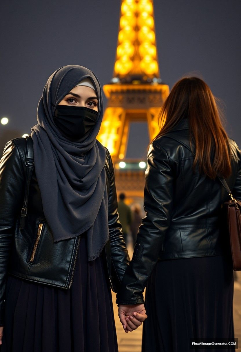 Biggest grey hijab Muslim girl, beautiful eyes, black face mask, leather jacket, biggest longest skirt, standing near the Eiffel Tower, night scenery, strangers' backs, hyper-realistic, photorealistic, street photography, holding someone's hand from the opposite side.