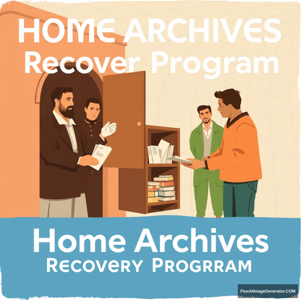 Make a promotional poster for a program called: Home Archives Recovery Program. The poster should depict historical figures from Guanajuato and other citizens depositing documents into an archive cabinet. - Image