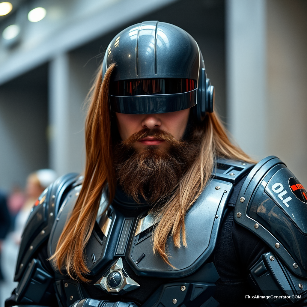 Long brown-haired and bearded guy cosplaying as RoboCop. - Image