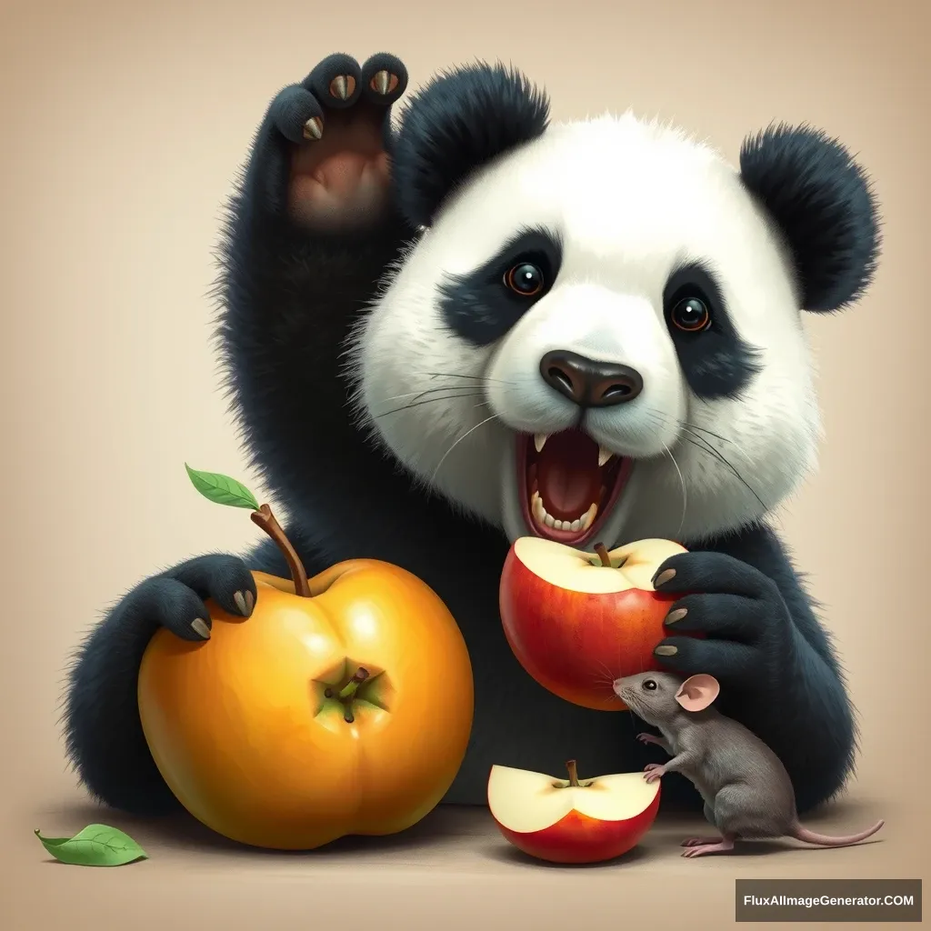 A panda is eating apples, an apple next to a mouse, 2K, high quality. - Image