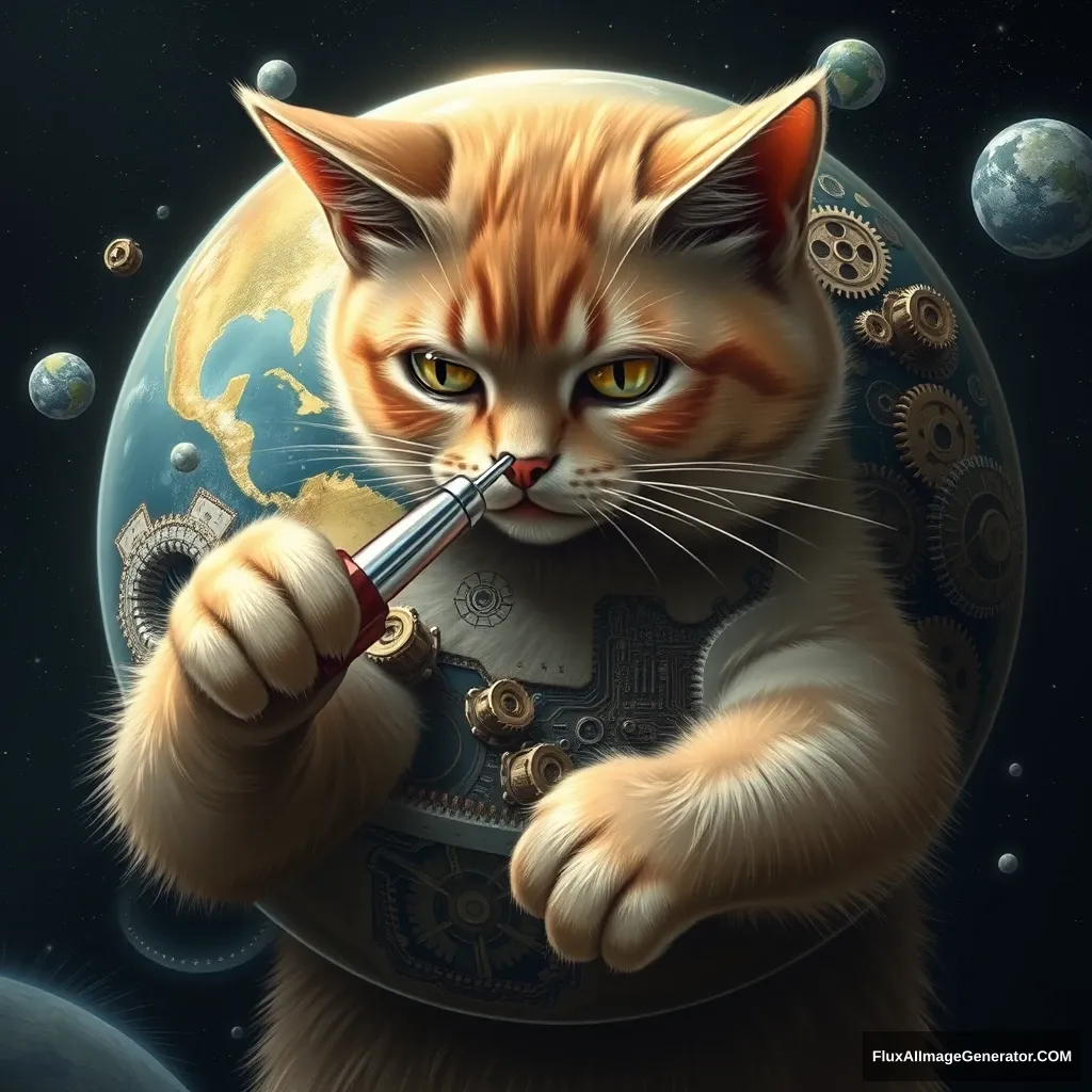 A cat repairing an Earth-like planet with a screwdriver in its hand, many gears and circuits inside the planet. - Image