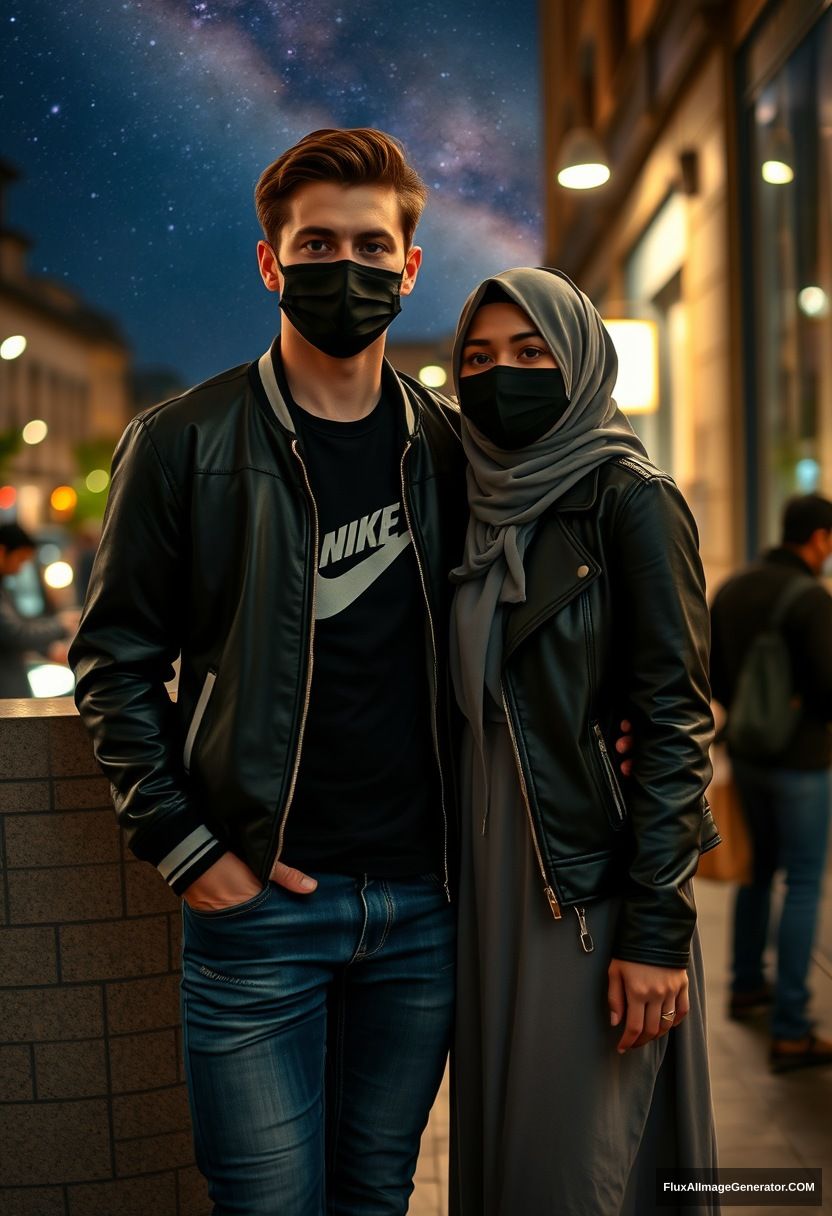 Jamie Dornan, youngest, black face mask, collage jacket, Nike t-shirt, jeans, tall man, fit body,

Dating, love with the biggest grey hijab Muslim girl, beautiful eyes, black face mask, leather jacket, biggest longest skirt, slim untall girl, love holding his 

Lying against a wall, in town, night scenery, Milky Way, hyper-realistic, photorealistic, street photography.