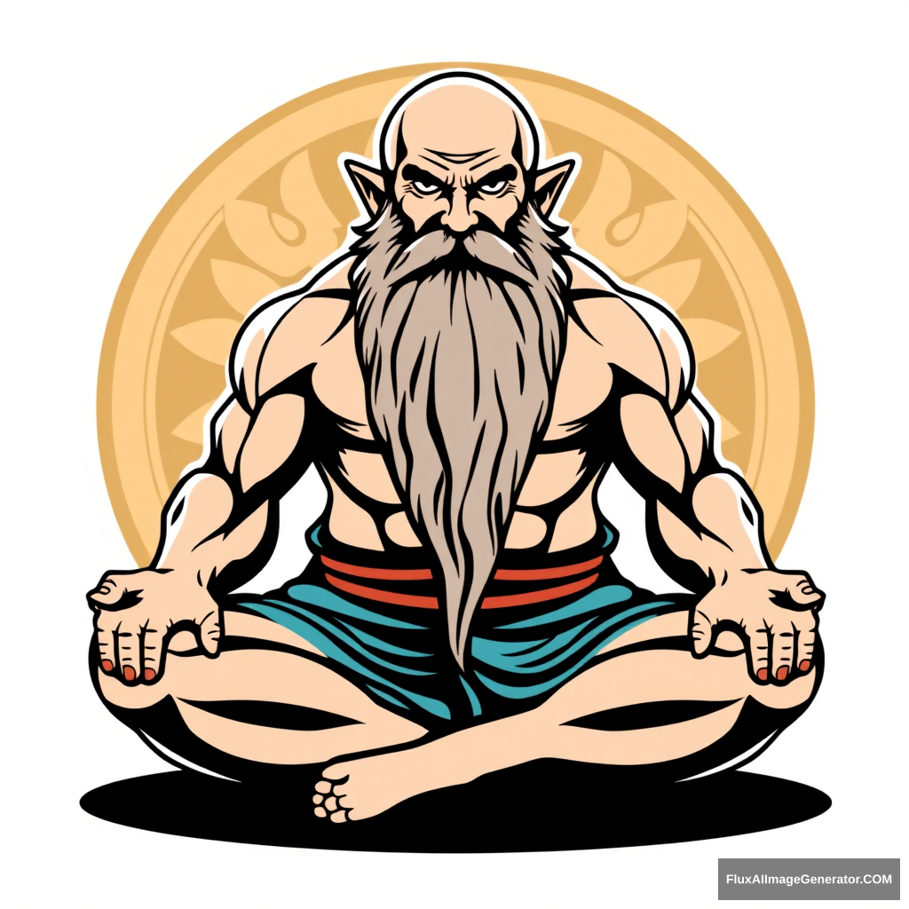 Yoga Center logo: a muscular large bald dwarf in the lotus position with a long beard.