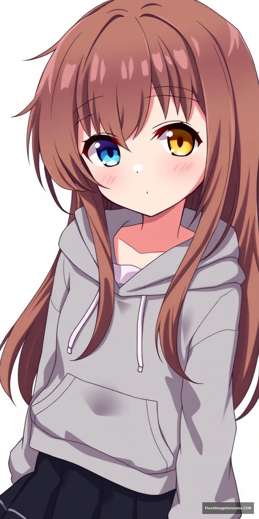 One anime girl with a blue left eye and a yellow right eye, and brown hair. She has a cute appearance and is wearing a gray hoodie with a black skirt. - Image