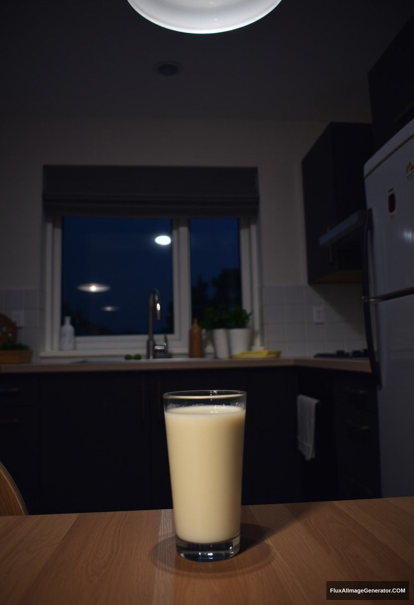 At a modern kitchen, at midnight, with gloomy lighting from a lamp, fresh milk in a glass on a table.