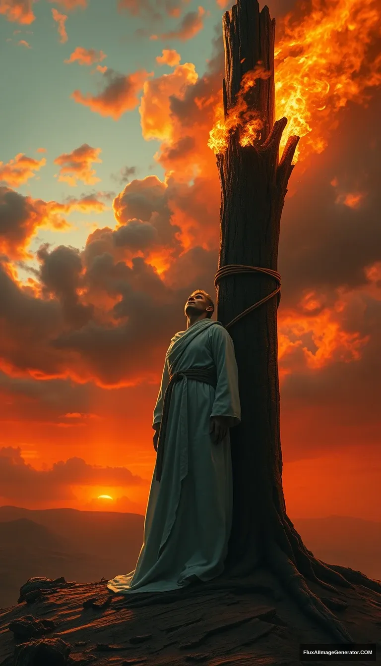 A lone figure, dressed in white robes, is tied to a towering wooden stake on a barren hilltop. The sky is ablaze with an orange and red sunset as flames consume the pyre. The figure's face is turned towards the heavens, expression serene and accepting. Dramatic lighting, cinematic, highly detailed, digital painting.