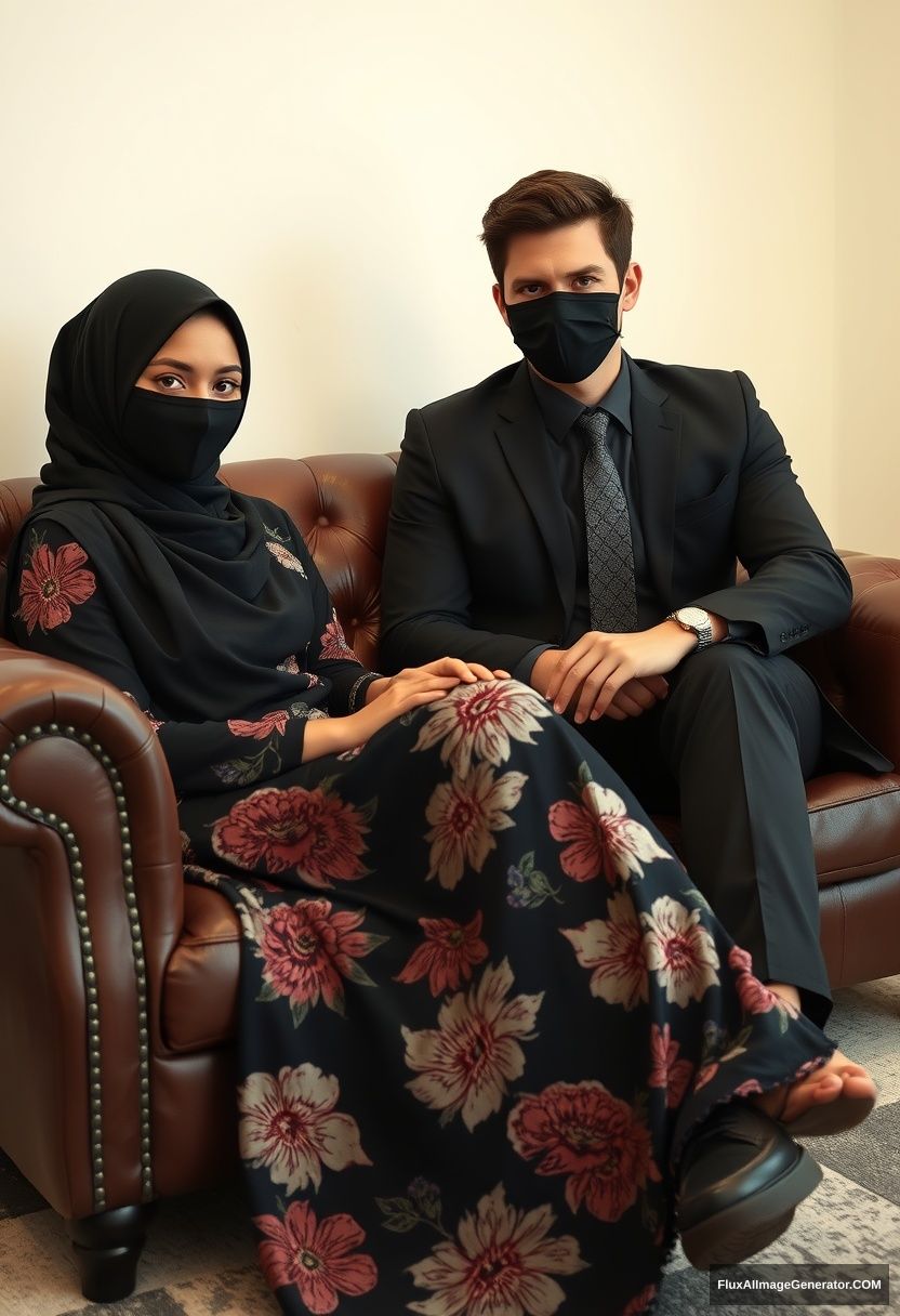 A biggest black hijab girl, slim girl, beautiful eyes, face mask black, biggest floral longest dress, sitting on leather single wing sofa,

Jamie Dornan, youngest, black suit coat, grey pattern tie, black leather sneaker, tall man, face mask black, fit tough body, sitting near her,

hyper realistic, studio photography.