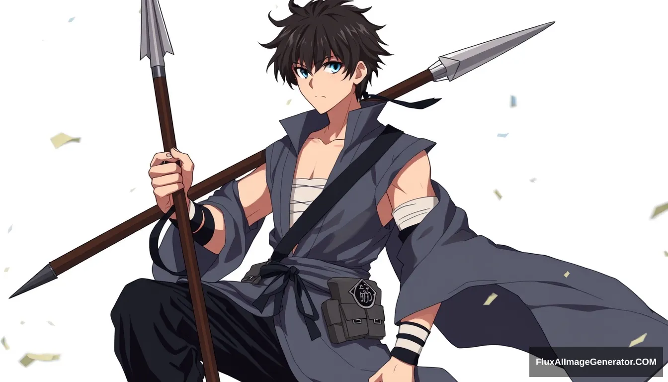 Tatsuki is described as a tall, tough-bodied, and attractive young man with sharp blue eyes, broad shoulders, and a large wingspan. He has short, messy black hair with bangs hanging below his eyes. He has a notably sturdy and muscular frame, cultivated from years of training, which tends to make him quite popular with girls. He is usually seen wearing a sleeveless bluish-grey robe over an open-collared black keikogi with his clan crest on the back of it, along with black pants and a pair of black shinobi boots. He is usually seen with a bandaged torso and lower chest and often ties black ribbons in a crisscross pattern over the lower half of his sleeves to prevent them from getting in the way of fighting.

Around his waist, he has a bluish-grey sash that holds two pouches on either side containing various ninja tools and weapons. He also wears another sash strapped across his shoulders, which he uses to hold his spear, his signature weapon. Naruto character designs, full body, from head to toe.