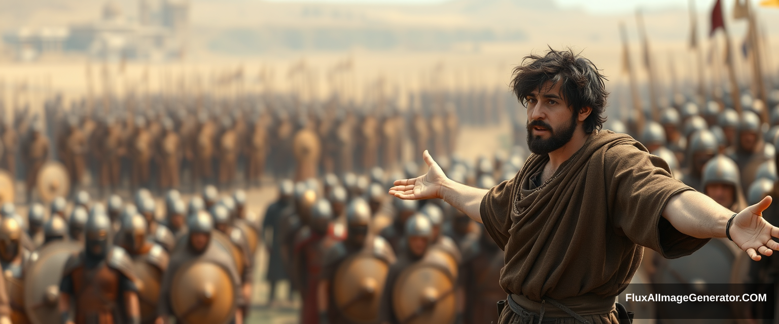 Create an image of a man on the right, standing apart and arguing with a crowd of ancient biblical-era Jewish soldiers. The man is young, his arms are stretched out to the sides, and he looks shocked, with dark, messy, unkempt hair and a beard. He is dressed in a simple biblical-era shepherd tunic and is looking sternly at the crowd. The background shows a blurred crowd of soldiers, also wearing biblical-era leather armor. Standing on the horizon, further in the background, is a blurred front of a large biblical-era army. The overall mood of the image is one of anxiety and concern. - Image