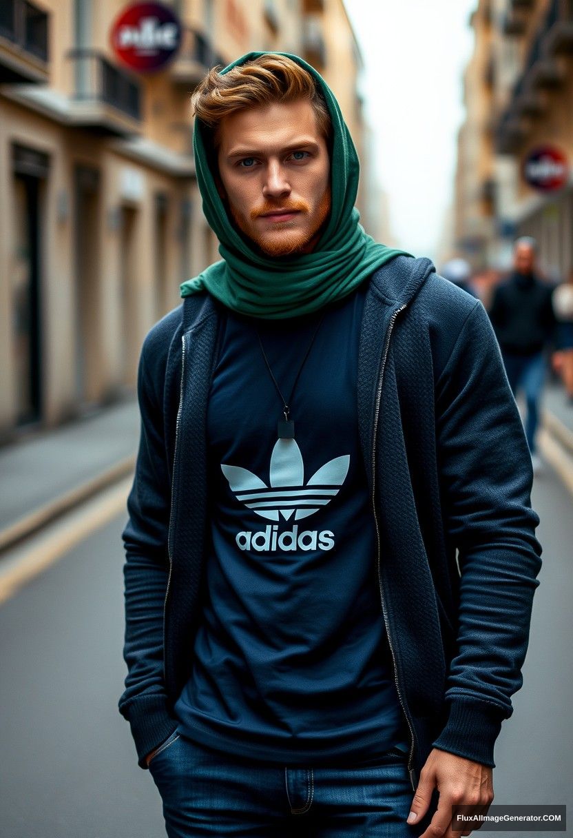 Jamie Dornan, handsome, blue eyes, wearing a black pendant, black face mask, dark blue Adidas t-shirt, sweater jacket, jeans, black sneakers, fit body, tall man,

A large soft green hijab photorealistic, street photography, full photography. - Image