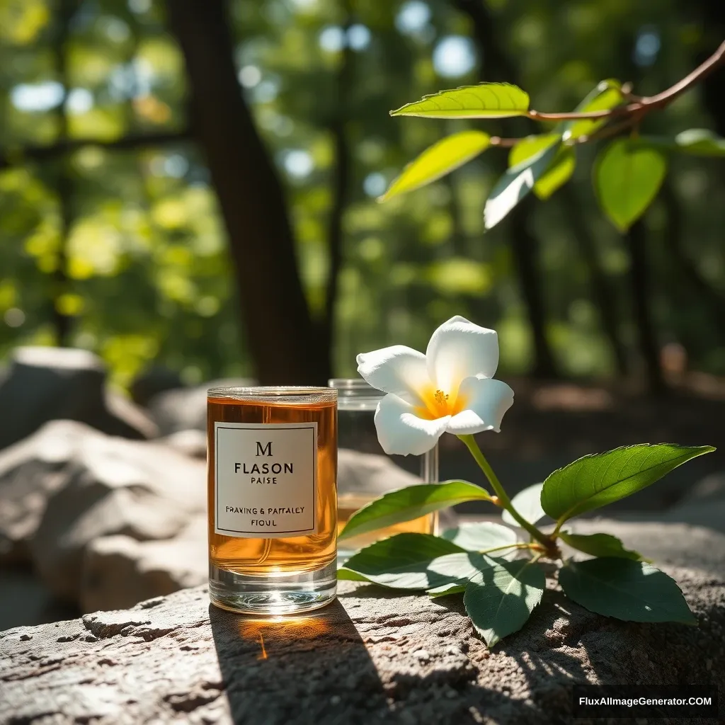 still life, product photography, perfume, flower, outdoors, day, no humans, leaf, sunlight, nature, scenery, forest, rock, dappled sunlight