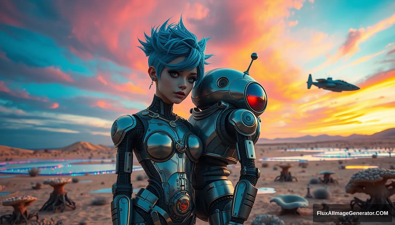 Cinematic Photo of a couple in the intricate style of Enki Bilal: A deliciously attractive punk girl with electric blue spiky hair and a charming retro-futuristic robot. Small spaceship nearby. Scene: on a surreal alien desert adorned with iridescent fungi and shimmering lakes, all beneath a vibrant, dreamlike sky.