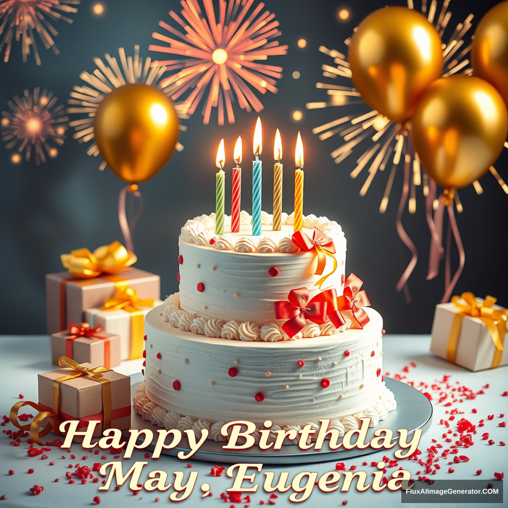 A 2 tiered birthday cake, 5 candles, gifts decorate the table, golden balloons float and fireworks accompany them in the background. A beautiful phrase reads "Happy Birthday Ma. Eugenia". - Image