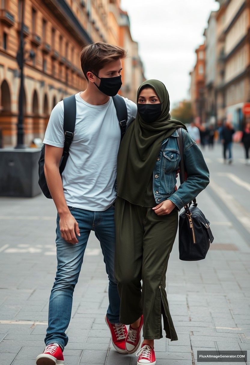 Jamie Dornan, young, black face mask, white T-shirt, jeans, red sneakers, dating romantically with a hijab-wearing Muslim girl in army green, beautiful eyes, black face mask, denim jacket, longest skirt, not a tall girl, photorealistic, street photography, full photography. - Image