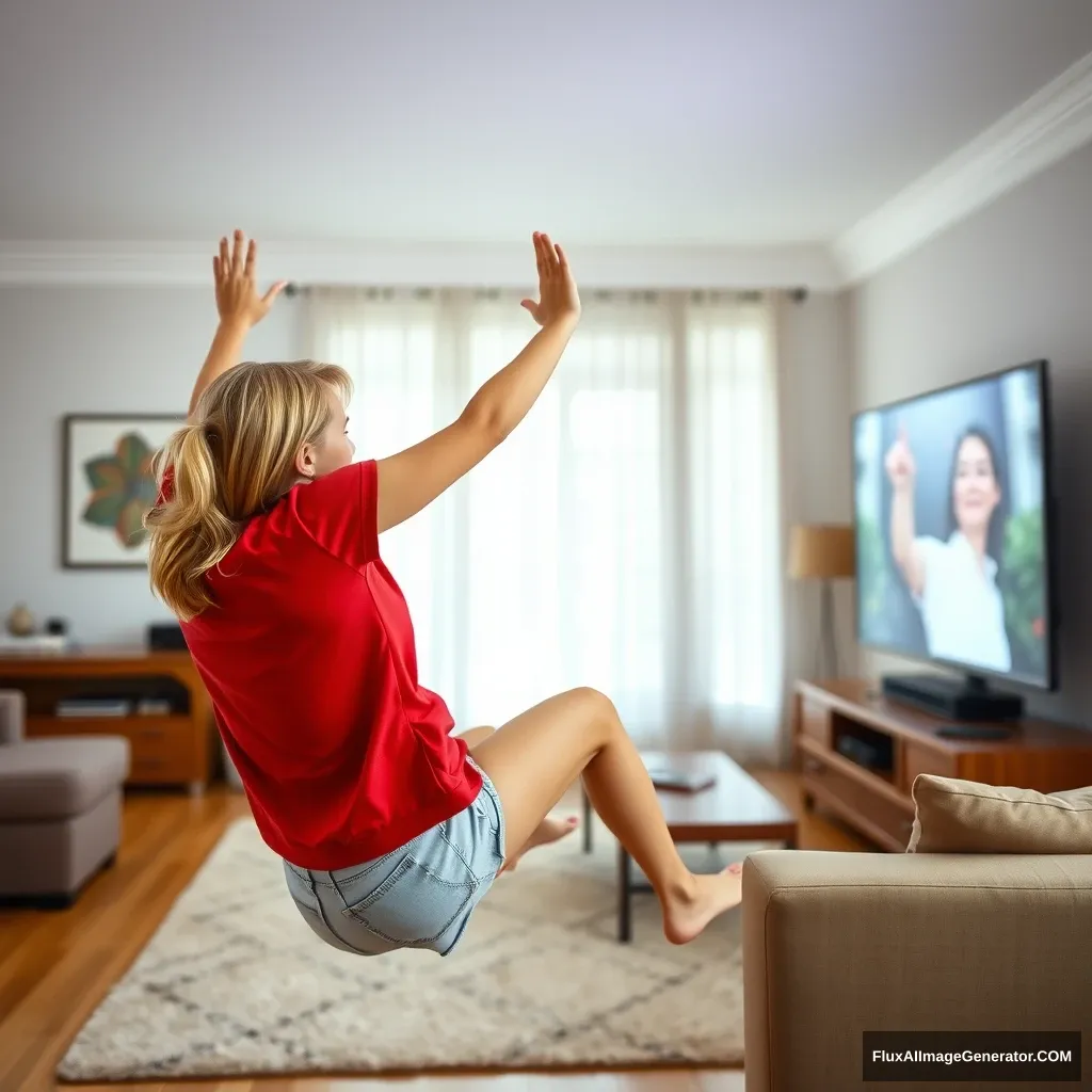 Side view of a skinny blonde woman in her early twenties in a large living room, wearing an oversized red polo t-shirt that is slightly askew on one shoulder, with the bottom untucked. She is also in light blue denim shorts and barefoot. Facing her TV, she dives into the magical screen, raising her arms so quickly that they appear blurry as they reach chest height. - Image