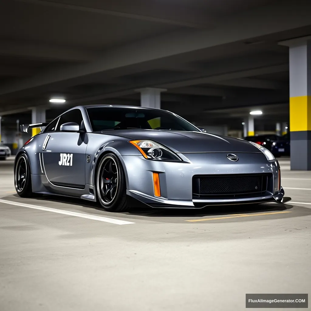 Nissan 350z in grey with Japan Racing JR21 rims at nighttime in a parking garage. The body kit is still the original; the only changes are the rims. - Image