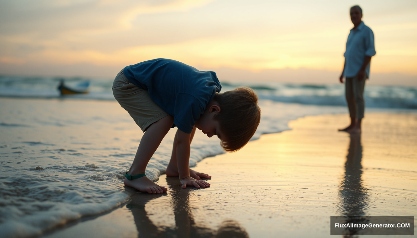 Cinematic realism, Medium shot: A young boy (8-10 years old, brown hair, blue t-shirt) repeatedly bends down near the water's edge. The camera slowly zooms in, focusing on his repetitive motion. The man (40-45 years old, salt-and-pepper hair, white shirt, beige khakis) notices from a distance. Sunset colors reflect off the wet sand. - Image