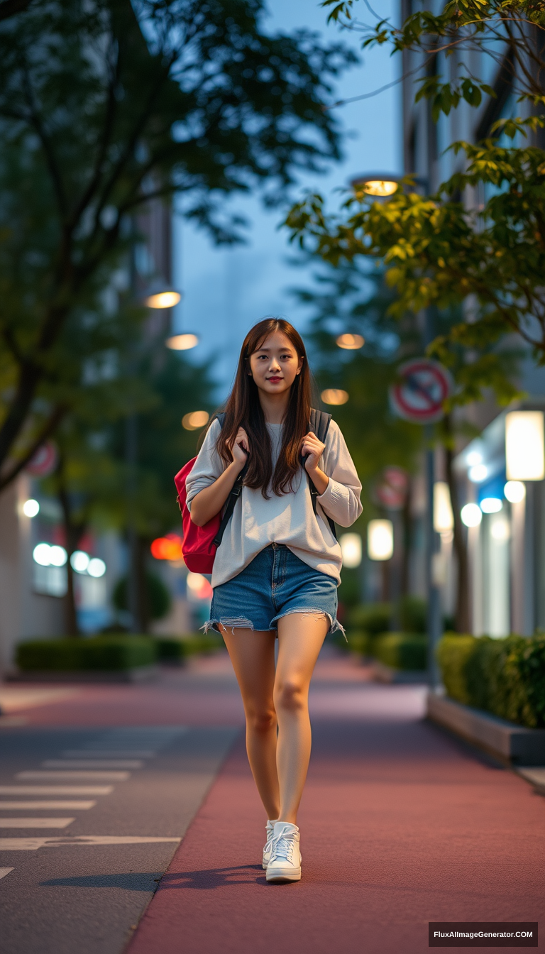 "A female high school student on her way home from school, in the evening, of East Asian descent, full-body view."