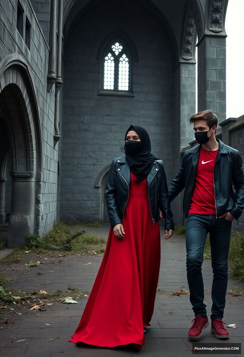 A biggest black hijab girl, beautiful eyes, face mask black, black leather jacket, biggest red longest dress, not tall, walking near him and love, holding his arm, love couple

Jamie Dornan, handsome, youngest, face mask black, fit and tough body, Nike red t-shirt, black leather jacket, jeans, red sneakers, tall man, walking near her, love couple

Hyper-realistic, photorealistic, studio photography, explore Victoria's abandoned castle, gloomy.