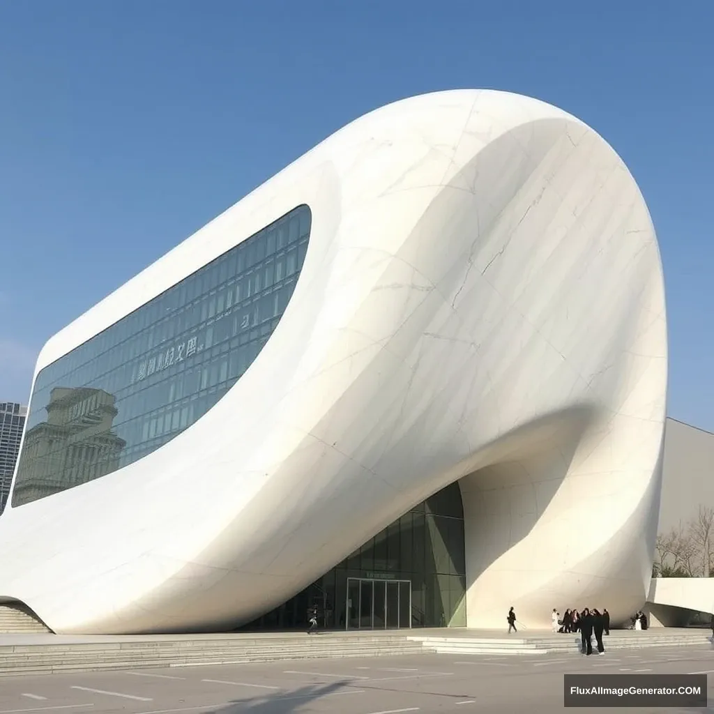 White stone, museum, one side of the facade is a full mirror, huge volume, beautiful object shape, Seoul, Cheongdam-dong.