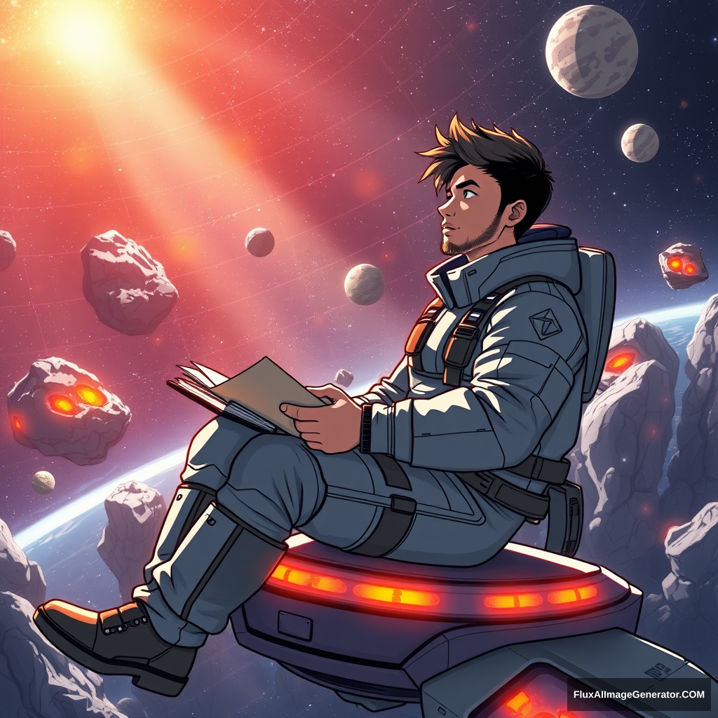 Draw a young programmer, sitting on a research platform floating in the middle of an asteroid belt. He is studying with a notebook, surrounded by several asteroids glowing with fiery auras. Dramatic lighting from distant stars and planets illuminates the scene, casting deep shadows on the suit. The young man looks confident and determined, looking at the vast and mysterious universe with wonder and respect, facial hair, cowboy shot.